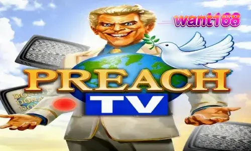Tampilan antarmuka slot Preach TV dengan tema studio televisi retro